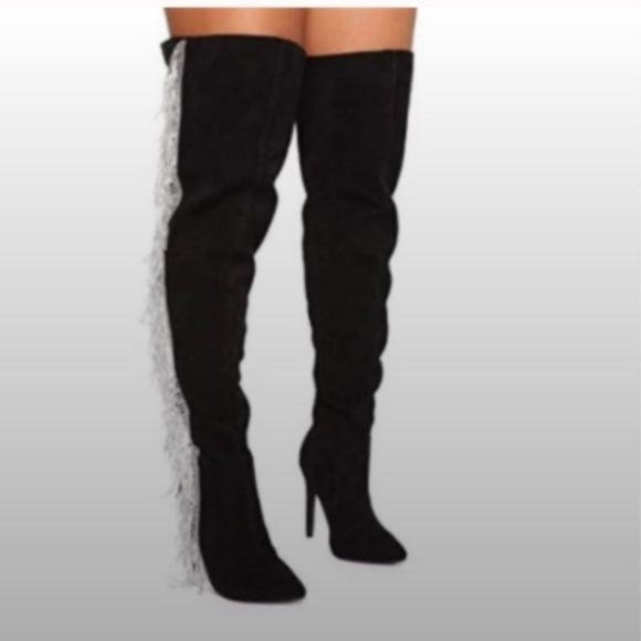 Pointy Toe OTK Boots w/ Rhinestone Fringe in Tan - Picture 6 of 6